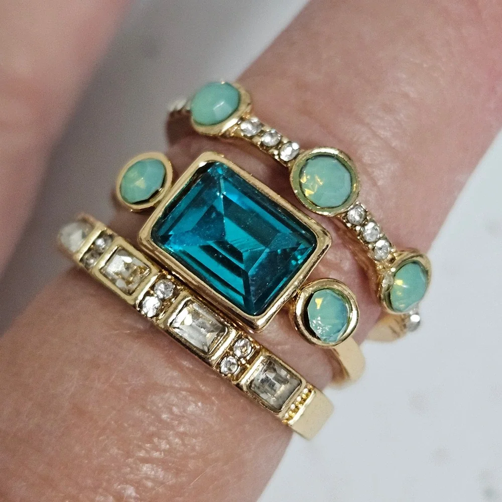Bohemian Gold Teal Mint Stackable Crystal Baguette Statement Ring Set Womens‎ 8